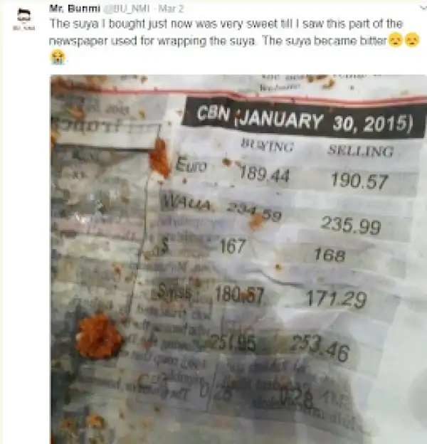 Good Old Days: What a Twitter user saw on the newspaper used to wrap his suya (Photo)